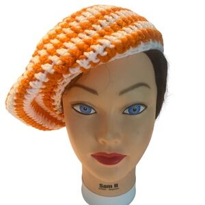 Handmade Crochet Striped Women’s Beret Orange& White Hat NWOT